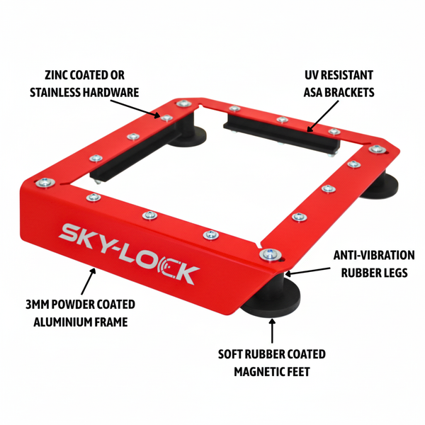 Red Sky-Lock product with features labeled on a white background