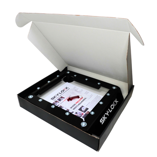 Open box containing a product with 'SKY-LOCK' branding on a white background