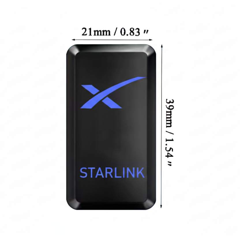 Black device with blue 'X' and 'STARLINK' text, showing dimensions on a white background