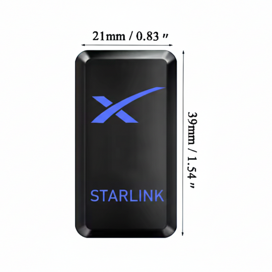 Black device with blue 'X' and 'STARLINK' text, showing dimensions on a white background